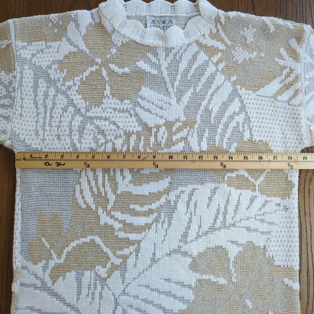 Vintage Jessica Stevens Knit Sweater Womens M Beige Ivory Metallic Leaves - Picture 8 of 14